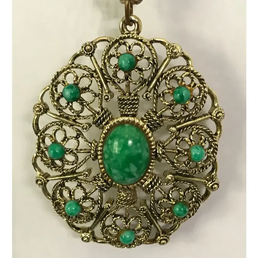 Vintage Western Germany Gold Tone Filigree Medallion Necklace Green Stones